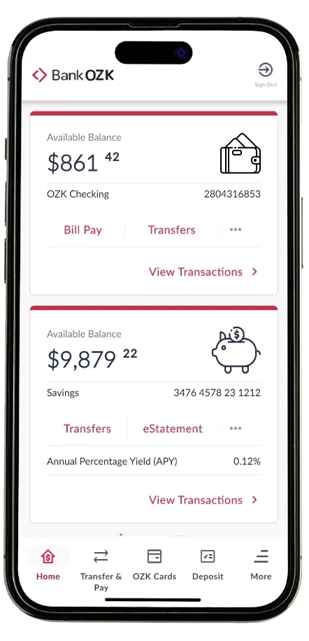 A visual of the Bank OZK Mobile Banking App's home screen on a phone.