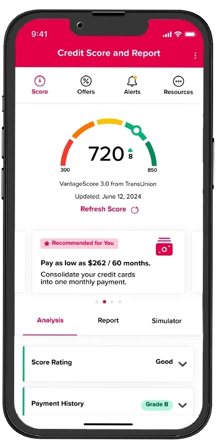 Mobile app showing the credit score feature on the screen