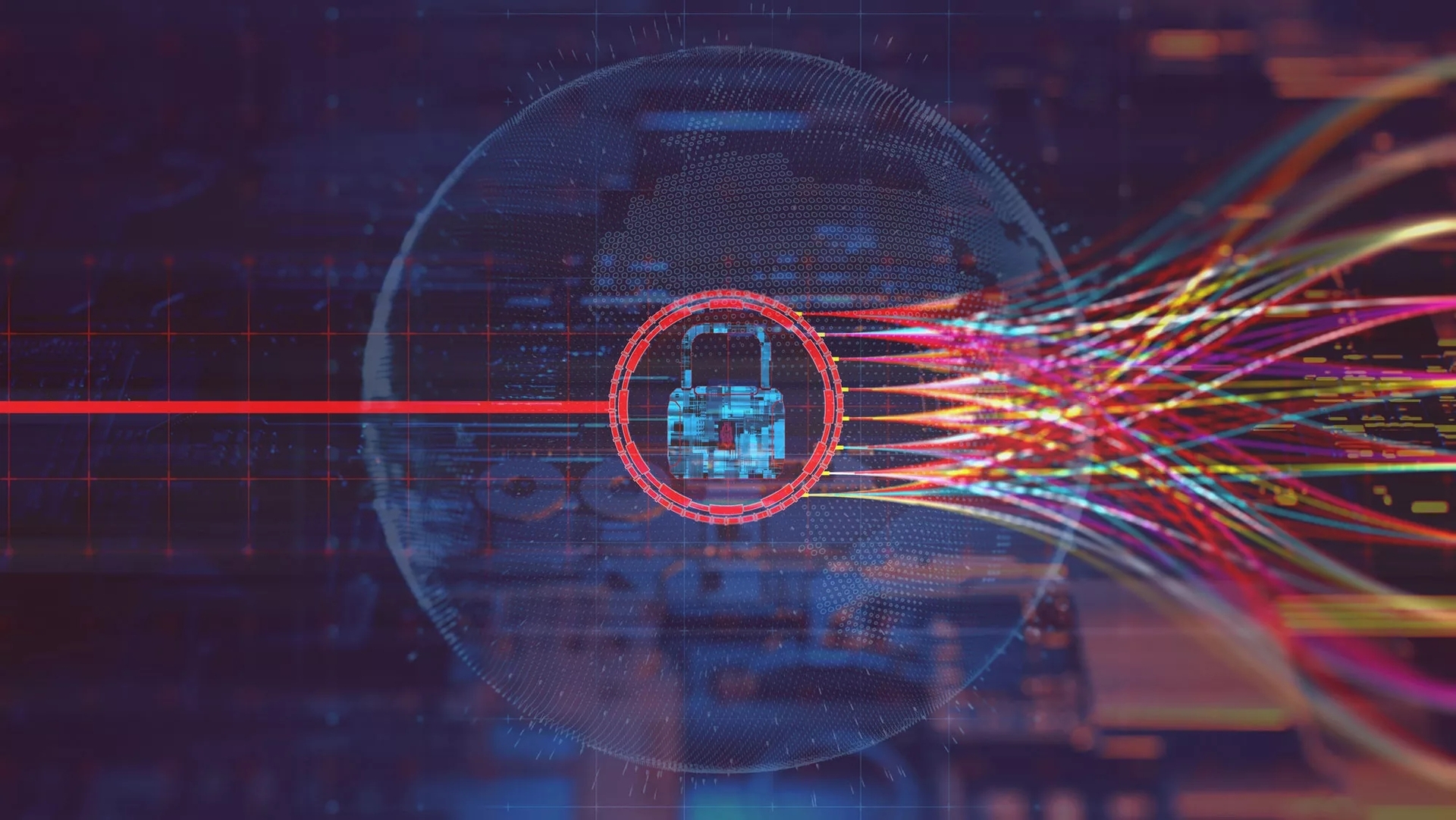 A rendering of a red line entering from the left, passing through a padlock icon, spreading into colorful lines that wind off screen to the right. The background is digital abstract.